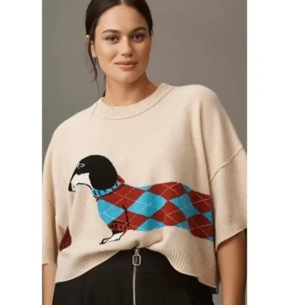 Anthropologie Dachshund Dog Cashmere Knit Sweater Beige NWT